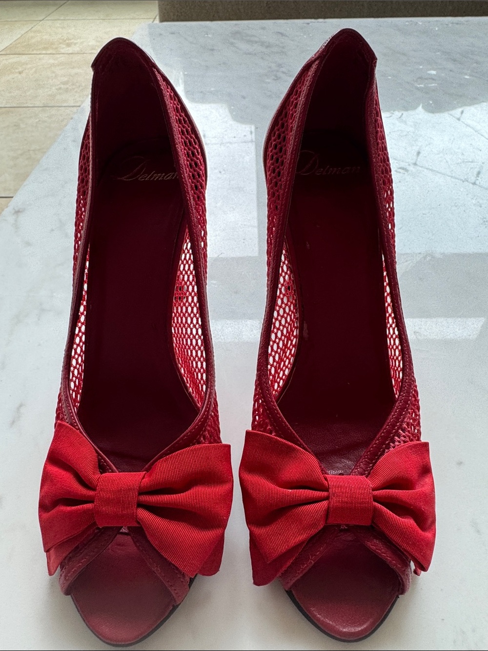 Delman Red Mesh Peep-Toe Pumps with Bow Accent